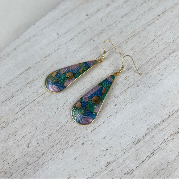 🚫SOLD🚫 VTG 80’s Pastel & Gold Cloisonné Enamel Earrings ✨ Tear Drop Fish and - Picture 6 of 15